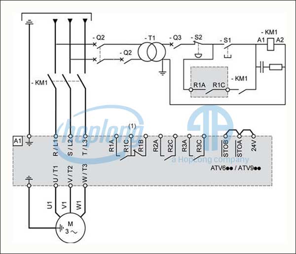 Bộ nguồn một pha hoặc ba pha - Sơ đồ với công tắc tơ 