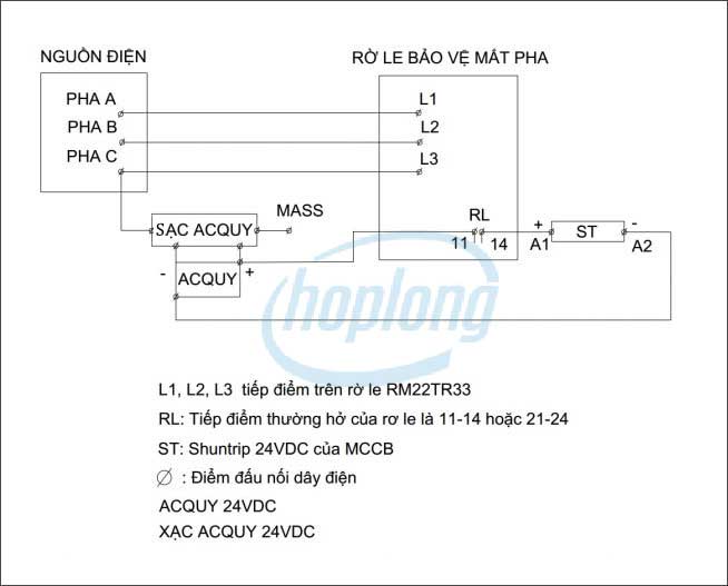 Sơ đồ đấu dây RM22TR33 sử dụng Aptomat