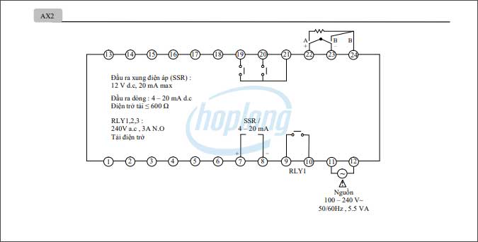 Sơ đồ đấu nối bộ điều khiển nhiệt độ AX2 Hanyoung