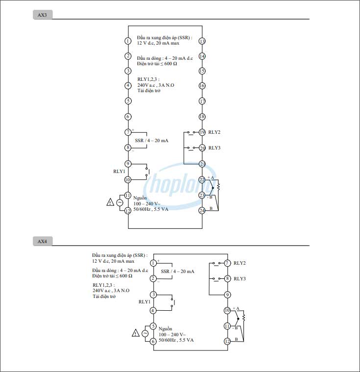 Sơ đồ đấu nối bộ điều khiển nhiệt độ AX3, AX4 Hanyoung