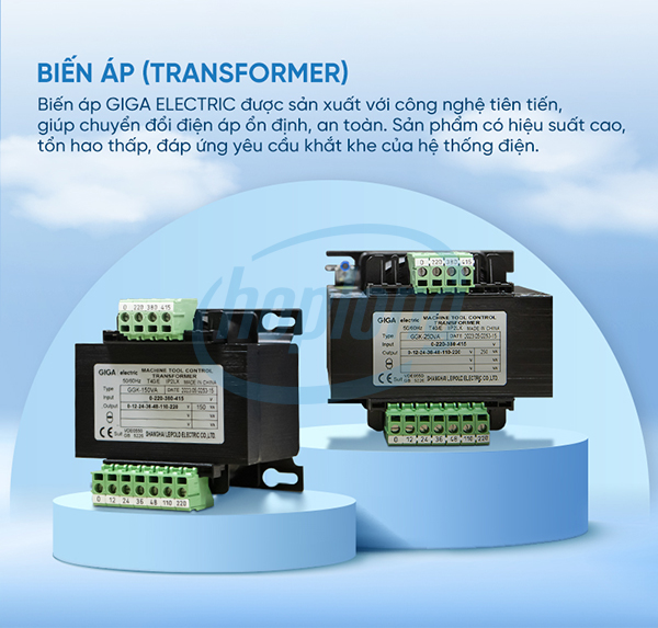 Biến áp GJBK GIGA Electric thiết kế hình chữ nhật chắc chắn, tối ưu cho lắp đặt trong tủ điện điều khiển.