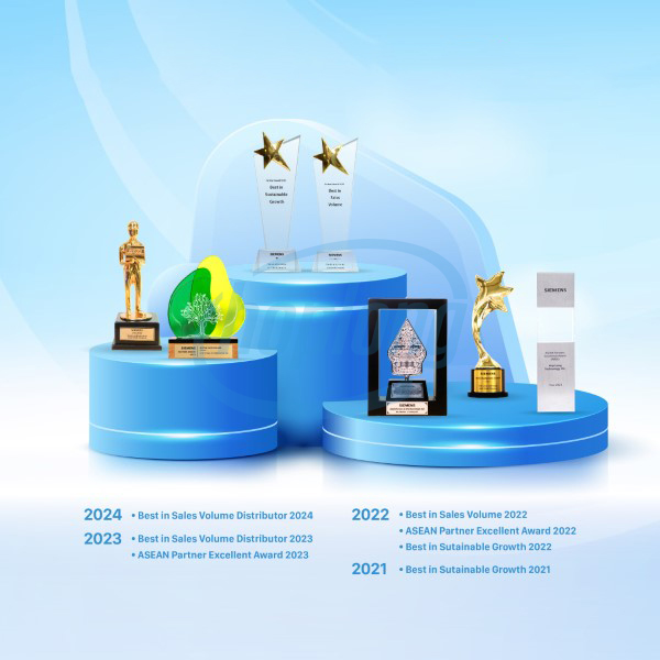 Hai năm liền đạt danh hiệu Nhà phân phối có Doanh số tốt nhất (2023, 2024) và Giải thưởng Đối tác xuất sắc ASEAN (2023) từ Siemens.