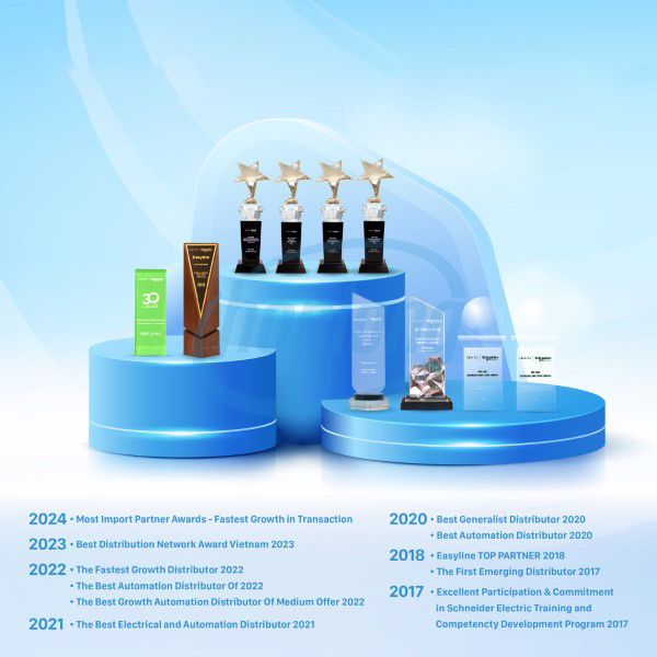 Nhận Giải thưởng Đối tác có Tác động nhất (2024) và Giải thưởng Mạng lưới Phân phối Tốt nhất Việt Nam (2023) từ Schneider Electric.
